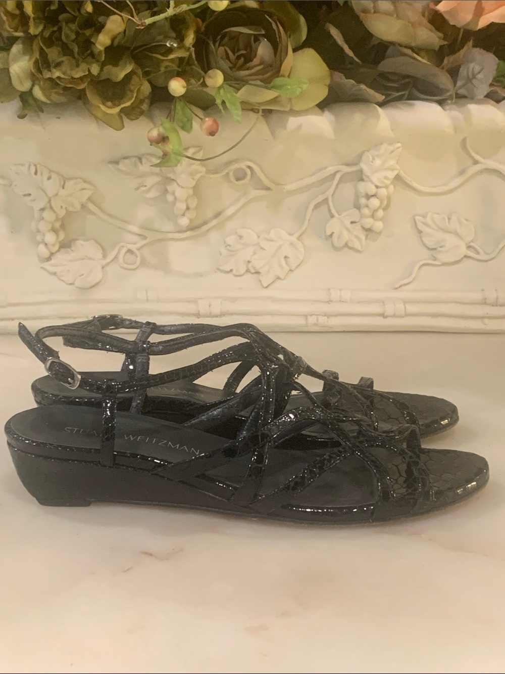 Stuart Weitzman black snake-embossed strappy low-wedge sandals Size 8